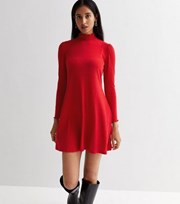 New Look Red Ribbed Jersey High Neck Long Sleeve Mini Dress